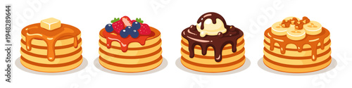 Four delicious stacks of pancakes with various toppings and syrup