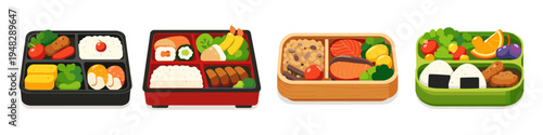 Collection of four diverse bento boxes filled with various delicious Japanese lunch meals