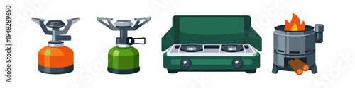Collection of portable camping stoves and a wood-burning stove for outdoor cooking