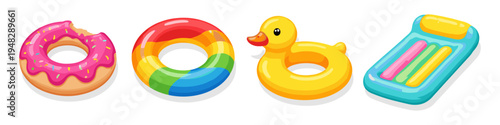 Collection of colorful inflatable pool toys including a donut, rainbow ring, duck, and mattress