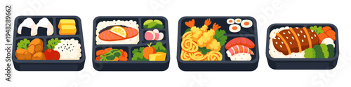 Assortment of delicious Japanese bento boxes with various meals and snacks