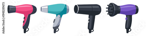 Collection of four colorful hair dryers with different attachments and styles