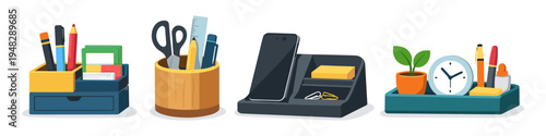 Collection of desk organizers with office supplies and stationery items