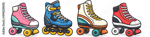 Collection of four colorful roller skates, including quad and inline styles