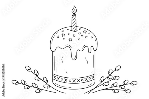 Contour drawing of Easter cake with candle and willow branches. Easter bread, traditional sweet pastry of cylindrical shape. Drawing is made in black. Vector illustration