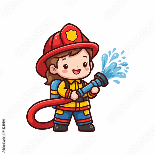 An adorable illustration of a young female firefighter in uniform skillfully spraying water from a hose, representing courage, determination, and the spirit of community service.