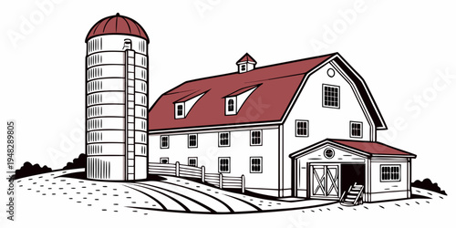 a white farm building with a red roof and a silo Vector