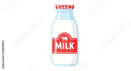 A glass bottle of milk with a red and white cap and label