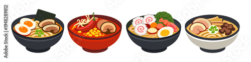 Four delicious bowls of Japanese ramen noodles with various toppings and ingredients