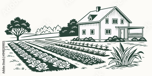 a house with a garden and rows of crops Vector