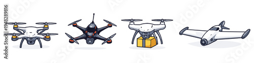 Collection of four different types of drones and an aircraft on a white background
