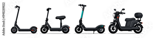 Collection of electric scooters and a moped-style scooter on a white background