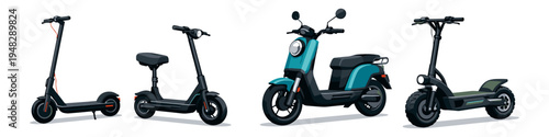 Collection of four different electric scooters and mopeds on a white background