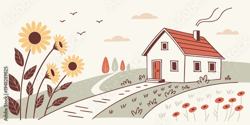 a white house with a red roof and sunflowers Vector