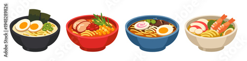 Four delicious bowls of ramen noodles with various toppings and broths
