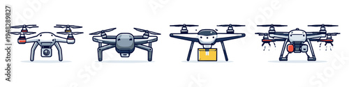 Collection of four different drone illustrations with various functions and designs