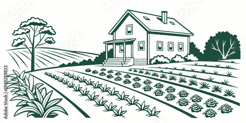 a house next to a farm with a tree Vector