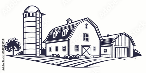 a farm with a barn and silo Vector
