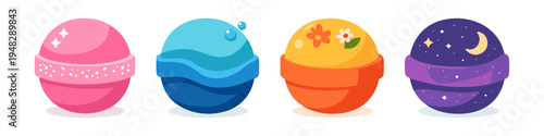 Collection of four colorful bath bombs with unique designs and themes