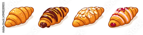 Four delicious croissants with different toppings displayed in a row on a white background