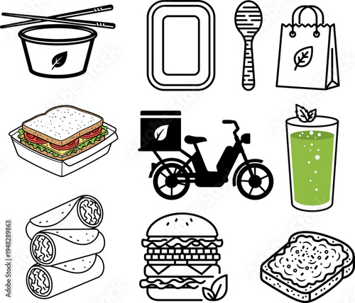 online Fast food icons set with burger hamburger sandwich coffee cup cake pizza and bakery dessert symbols vector illustration