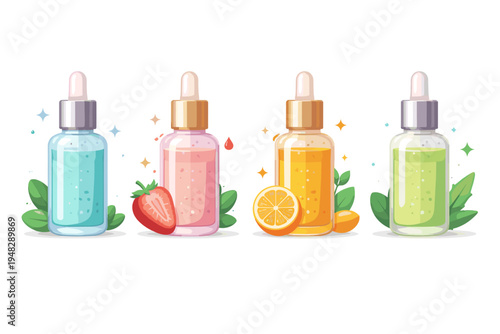 Colorful dropper bottles with fruity flavors and sparkling elements
