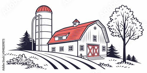 a white barn with a red roof and a silo Vector