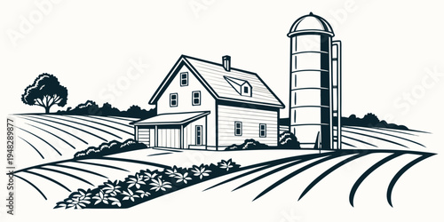 a farm with a barn and silo in a rural setting Vector
