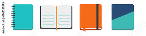 Collection of four diverse notebooks and journals in flat design style