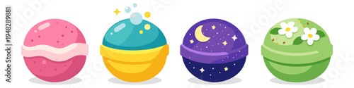 Collection of four colorful bath bombs with unique designs and textures for relaxation