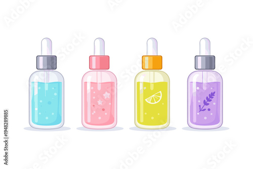 Collection of four colorful dropper bottles with different cosmetic serums and essential oils