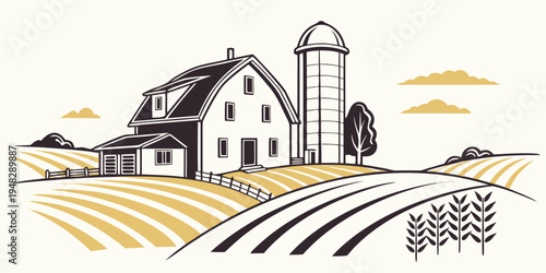 a farm with a barn and silo in a rural setting Vector