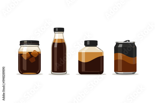 Assortment of cold brew coffee drinks in various containers on a white background