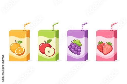 Assortment of fruit juice boxes with straws, featuring orange, apple, grape, and strawberry flavors