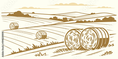a brown illustration of hay bales in a field Vector