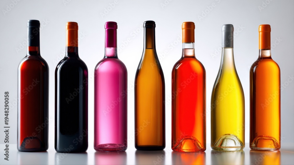 Fototapeta premium Elegant assortment of colorful glass bottles containing alcoholic beverages, creating an enticing beverage showcase presentation