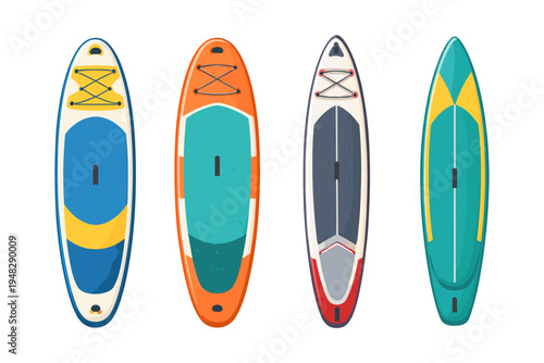 Colorful collection of paddle boards for water sports enthusiasts