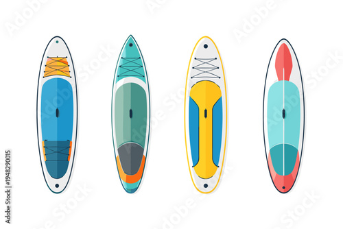 Collection of colorful stand-up paddleboards viewed from above, isolated on white background
