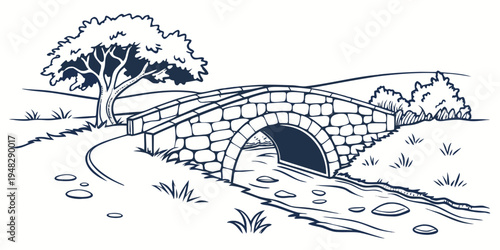 a stone bridge over a small stream in a rural landscape Vector