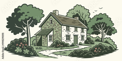 a stone house with a brown roof and white trim Vector