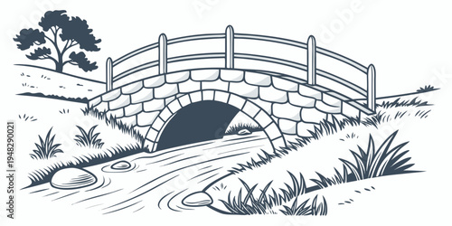 a small stone bridge over a stream with a tree Vector