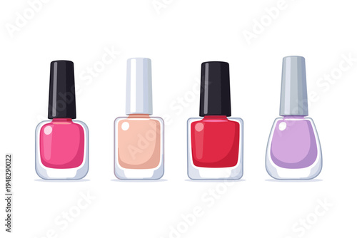 Collection of four colorful nail polish bottles arranged in a row on white background