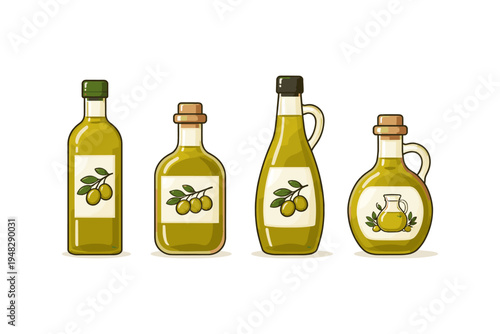 Collection of four cartoon olive oil bottles with olive branch labels