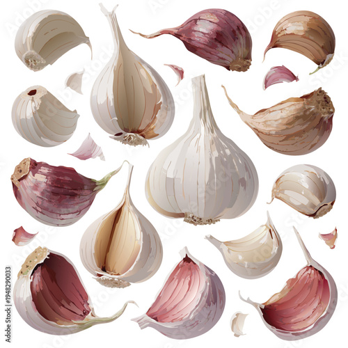 Photorealistic Garlic Bulbs and Cloves Collection Set Vector Illustration