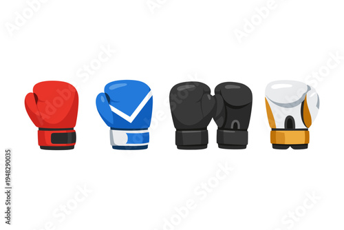 Collection of four diverse boxing gloves in different colors and styles