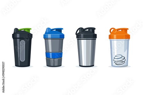 Collection of four different colored shaker bottles for protein shakes and supplements