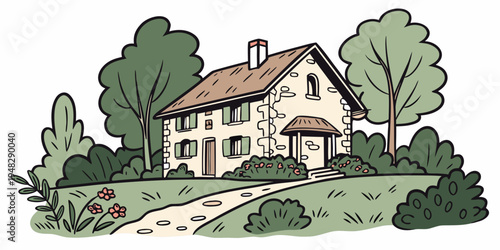 a large house with a brown roof and a pathway leading to the front door Vector