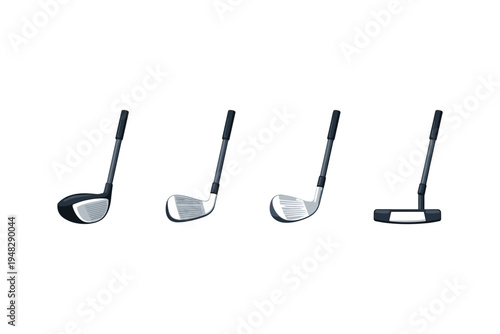 Collection of four different golf clubs on a white background