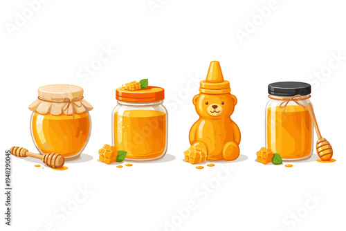 Collection of assorted honey jars and containers with honey dippers and honeycomb
