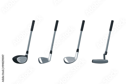 Collection of four different golf clubs including a driver, iron, wedge, and putter